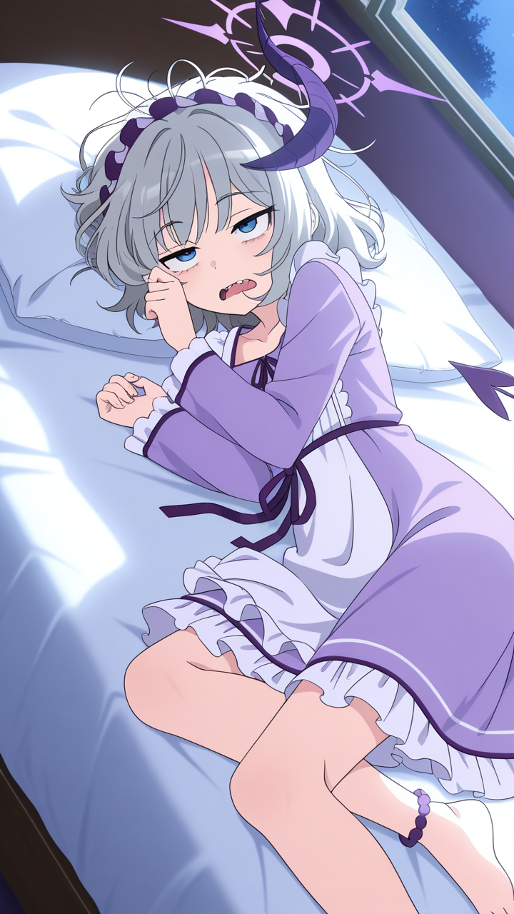 グレー髪サイドテール長身貧乳 寝起き・パジャマ_アニメエロ画像 AI エロ画像