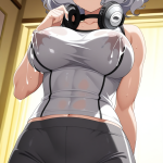 【エロ画像】銀髪セミロング筋肉質×授乳・母乳_AI_アニメエロ画像