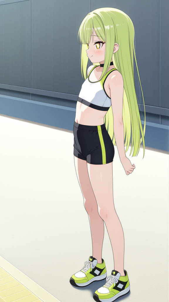 ライム髪ロングロリ体型 貧乳・微乳_アニメエロ画像 AI エロ画像