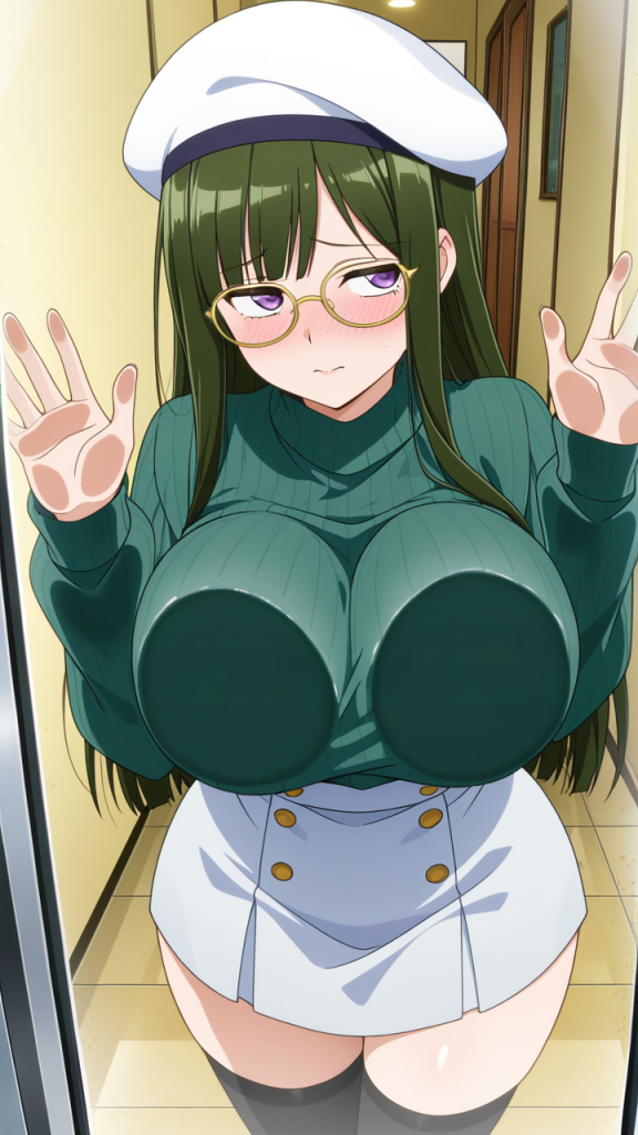 緑髪ロング巨乳むっちり ガラスおっぱい押し付け_アニメエロ画像 AI エロ画像