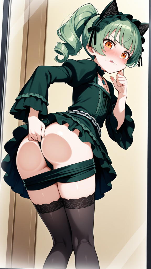 緑髪ポニーテール貧乳 ガラスお尻押し付け_アニメエロ画像 AI エロ画像