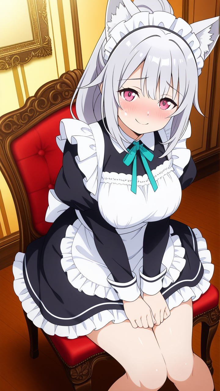 銀髪ポニーテール巨乳むっちり メイド服_アニメエロ画像 AI エロ画像