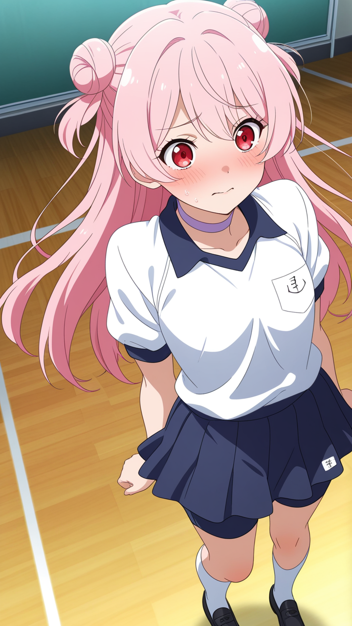 桜色お団子スレンダー美女 体操服・ブルマ_アニメエロ画像 AI エロ画像