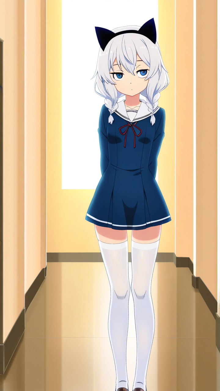 白髪三つ編み貧乳小柄 ニーソ・絶対領域_アニメエロ画像 AI エロ画像