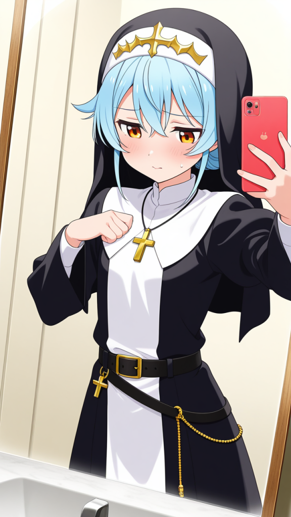 青髪アップスタイル貧乳 鏡越し_アニメエロ画像 AI エロ画像