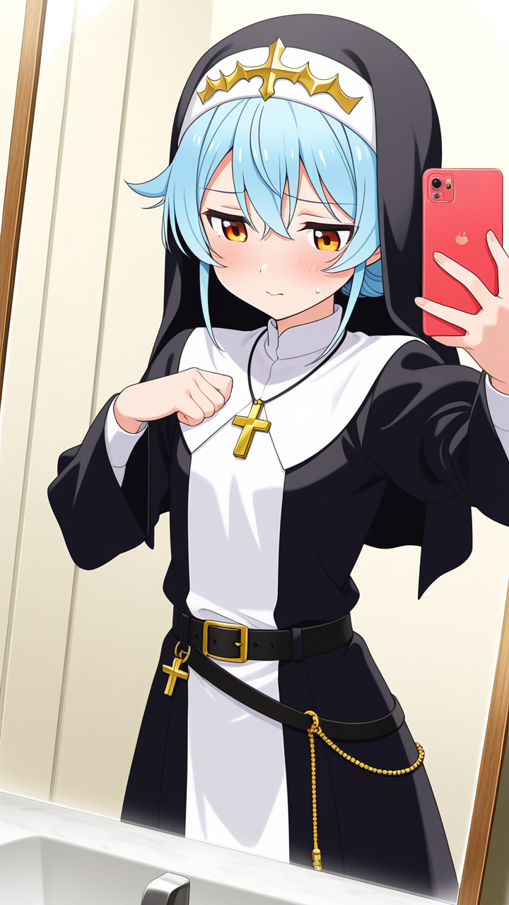 青髪アップスタイル貧乳 鏡越し_アニメエロ画像 AI エロ画像