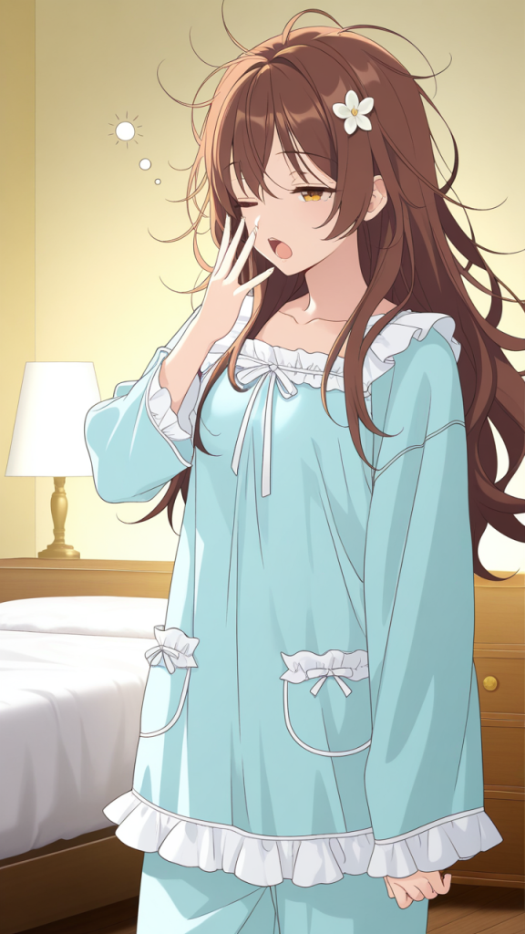 茶髪ロングストレート筋肉質 寝起き・パジャマ_アニメエロ画像 AI エロ画像