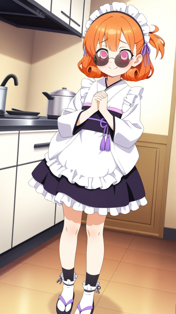 オレンジサイドテールロリ浴衣 メイド服_アニメエロ画像 AI エロ画像