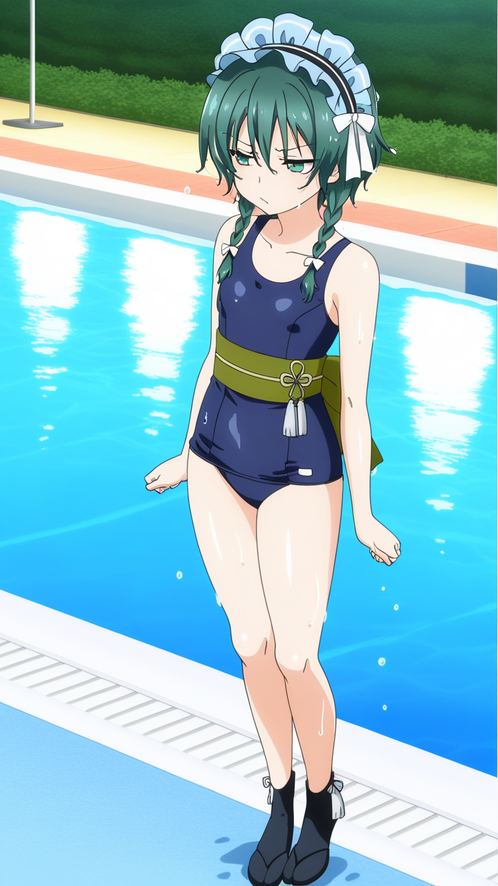 黒青グラデ三つ編み細身 スクール水着_アニメエロ画像 AI エロ画像