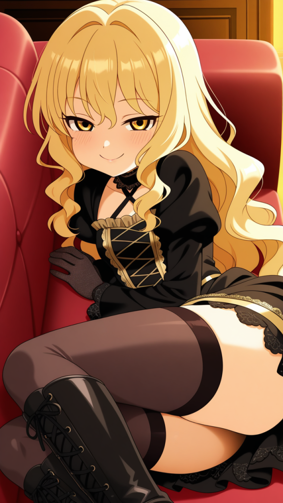 金髪ウェーブロング小柄むっちり ニーソ・絶対領域_アニメエロ画像 AI エロ画像