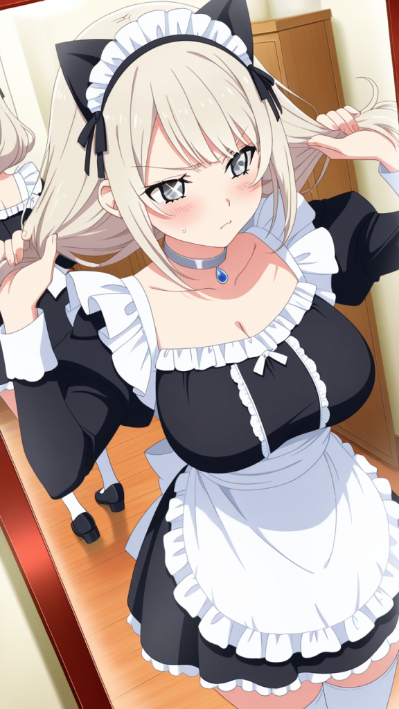 プラチナ髪アップスタイル巨乳メ 鏡越し_アニメエロ画像 AI エロ画像