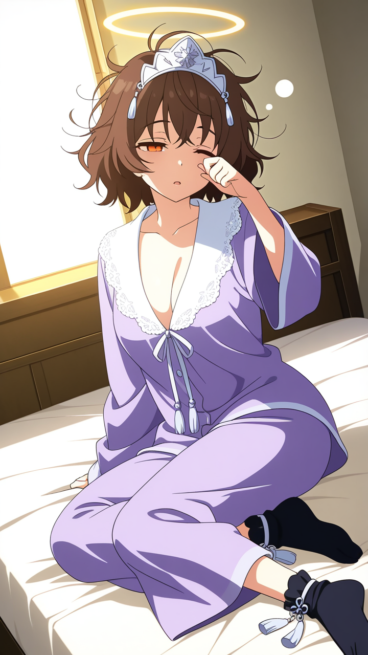 茶髪ショート巨乳和装 寝起き・パジャマ_アニメエロ画像 AI エロ画像