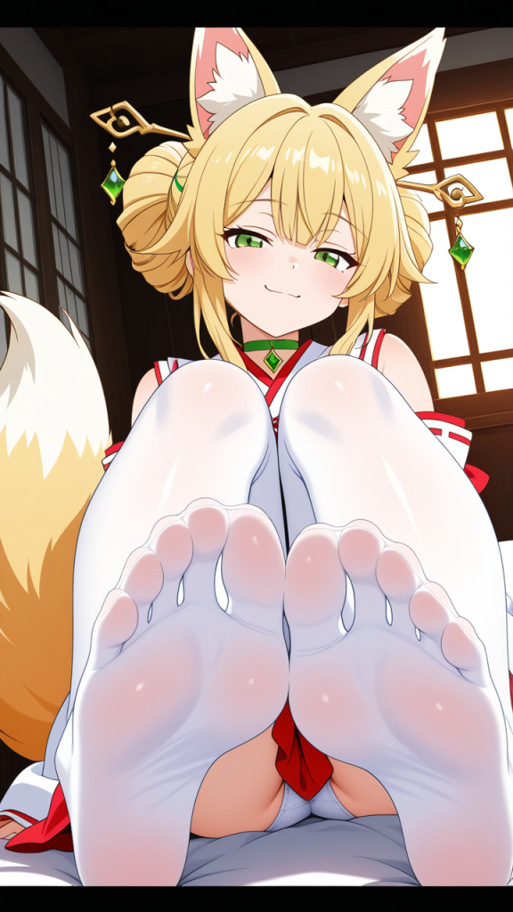 金髪ハイアップスレンダー巫女 足コキ_アニメエロ画像 AI エロ画像