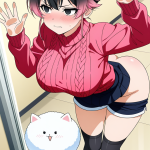 【エロ画像】ピンク髪アップスタイル巨乳×ガラスお尻押し付け_AI_アニメエロ画像