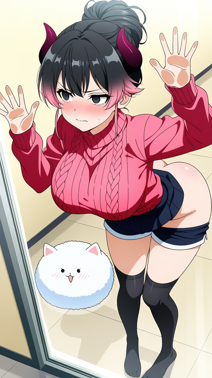 ピンク髪アップスタイル巨乳 ガラスお尻押し付け_アニメエロ画像 AI エロ画像