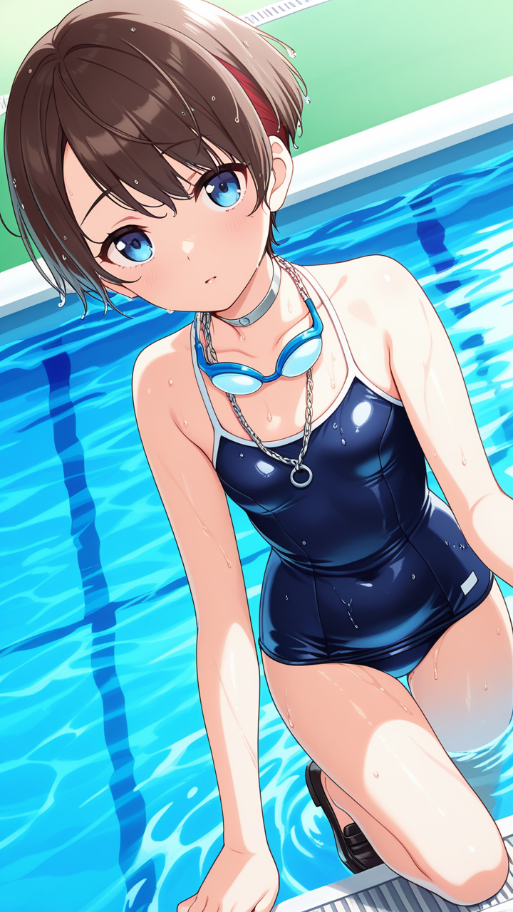 茶髪刈り上げショートむっちり スクール水着_アニメエロ画像 AI エロ画像