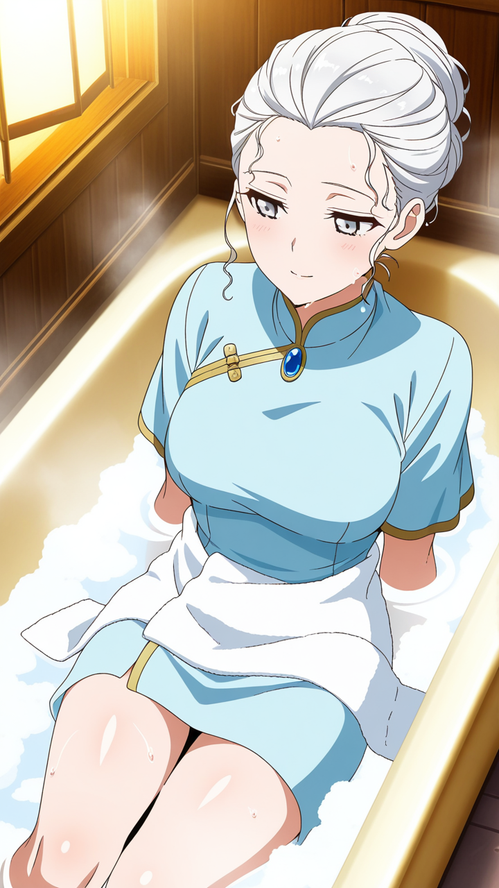 白髪セミロング高身長スレンダー お風呂・入浴_アニメエロ画像 AI エロ画像