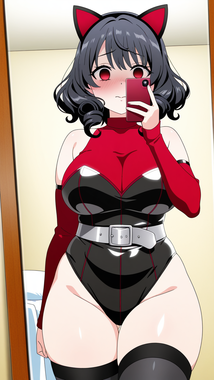 黒髪セミロング丸顔 鏡越し_アニメエロ画像 AI エロ画像