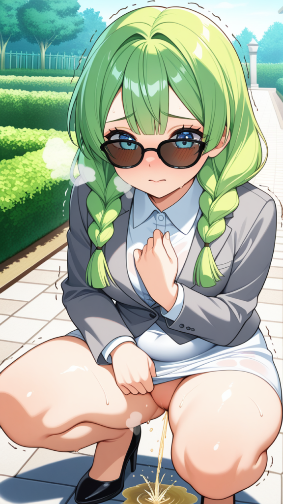 緑髪ツインおさげ巨乳 おしっこ・放尿_アニメエロ画像 AI エロ画像