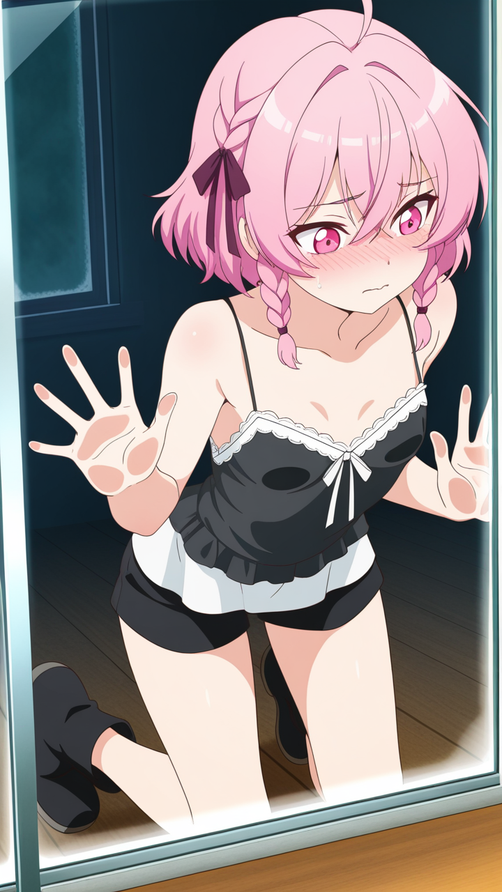 マゼンタ三つ編み貧乳小柄 ガラスおっぱい押し付け_アニメエロ画像 AI エロ画像