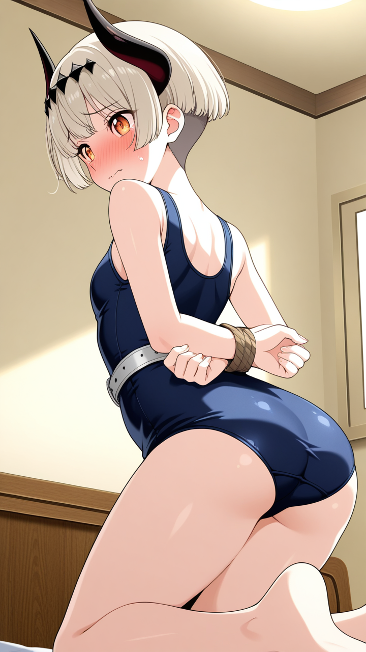 プラチナショートむっちり悪魔 手縛り・拘束_アニメエロ画像 AI エロ画像