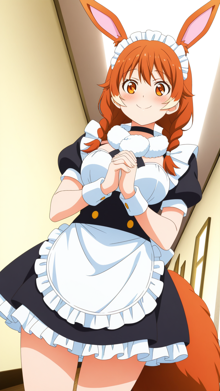 茶髪ツインおさげグラマラス メイド服_アニメエロ画像 AI エロ画像