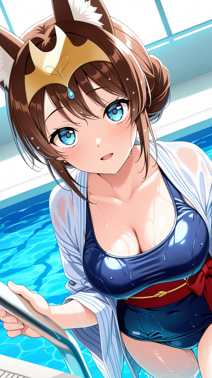 茶髪アップ巨乳狐耳浴衣 スクール水着_アニメエロ画像 AI エロ画像