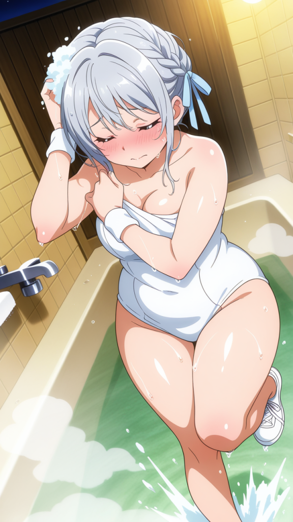 黒青グラデーション三つ編みむっ お風呂・入浴_アニメエロ画像 AI エロ画像