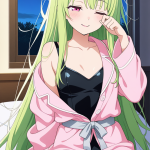 【エロ画像】ライム色ロング巨乳スレンダー×寝起き・パジャマ_AI_アニメエロ画像