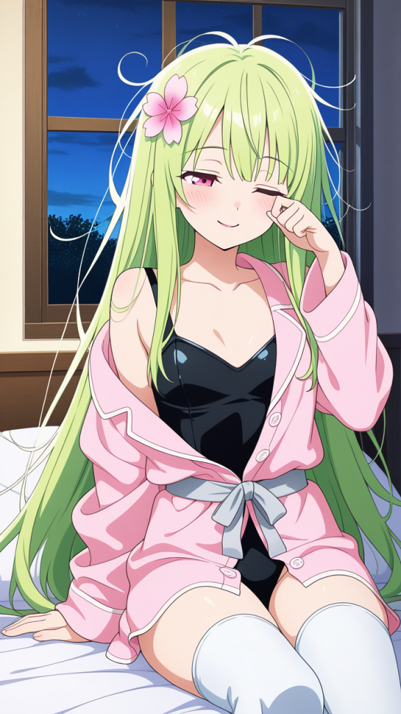 ライム色ロング巨乳スレンダー 寝起き・パジャマ_アニメエロ画像 AI エロ画像