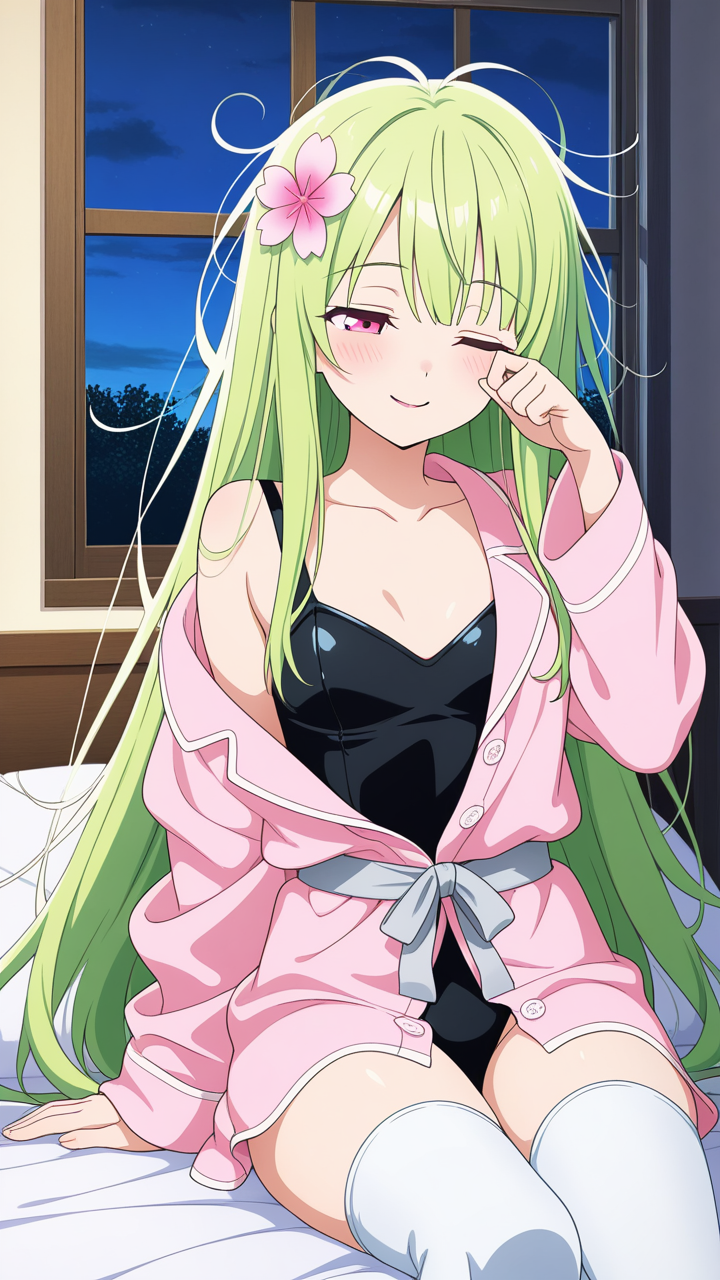 ライム色ロング巨乳スレンダー 寝起き・パジャマ_アニメエロ画像 AI エロ画像