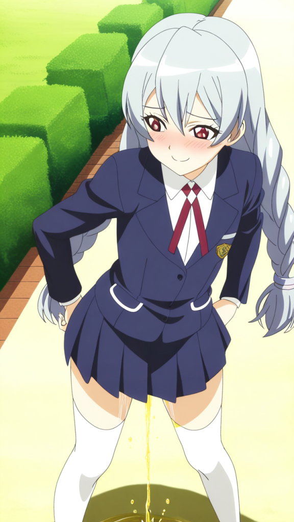 銀髪ツインおさげ長身貧乳 おしっこ・放尿_アニメエロ画像 AI エロ画像