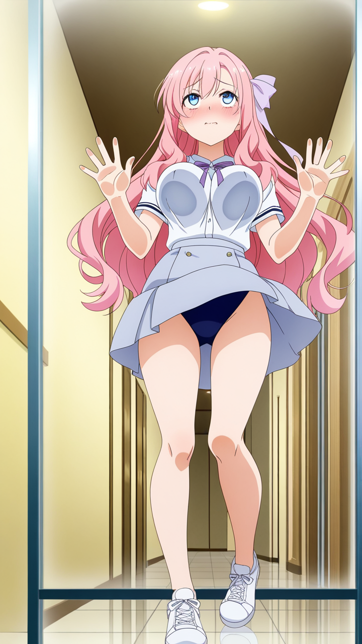 桜色ウェーブロングスレンダー ガラスおっぱい押し付け_アニメエロ画像 AI エロ画像