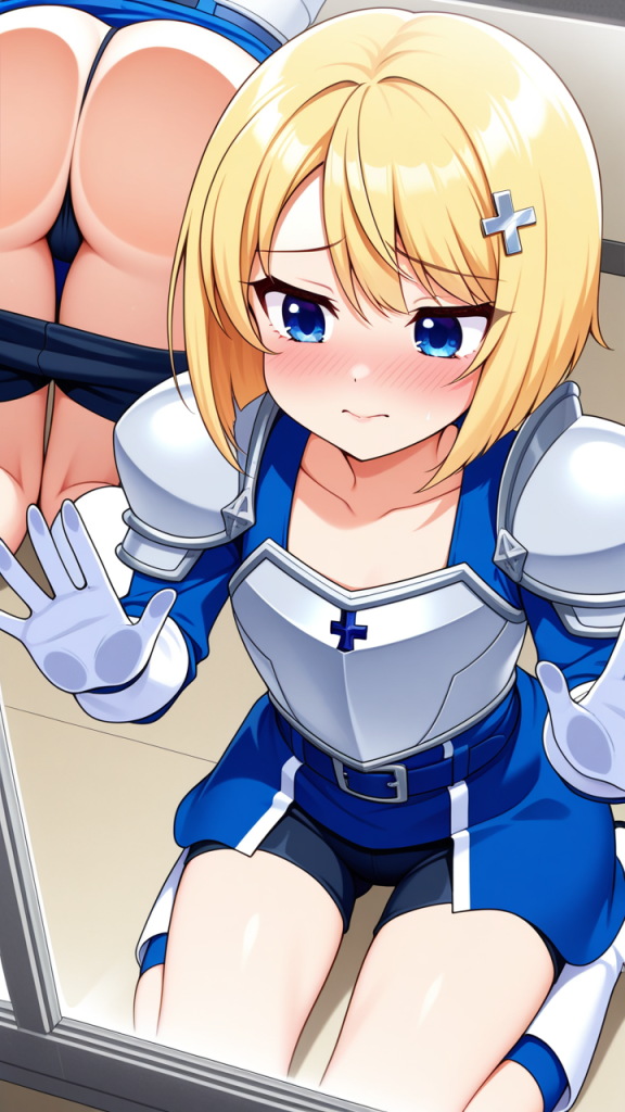 金髪ボブ貧乳騎士 ガラスお尻押し付け_アニメエロ画像 AI エロ画像