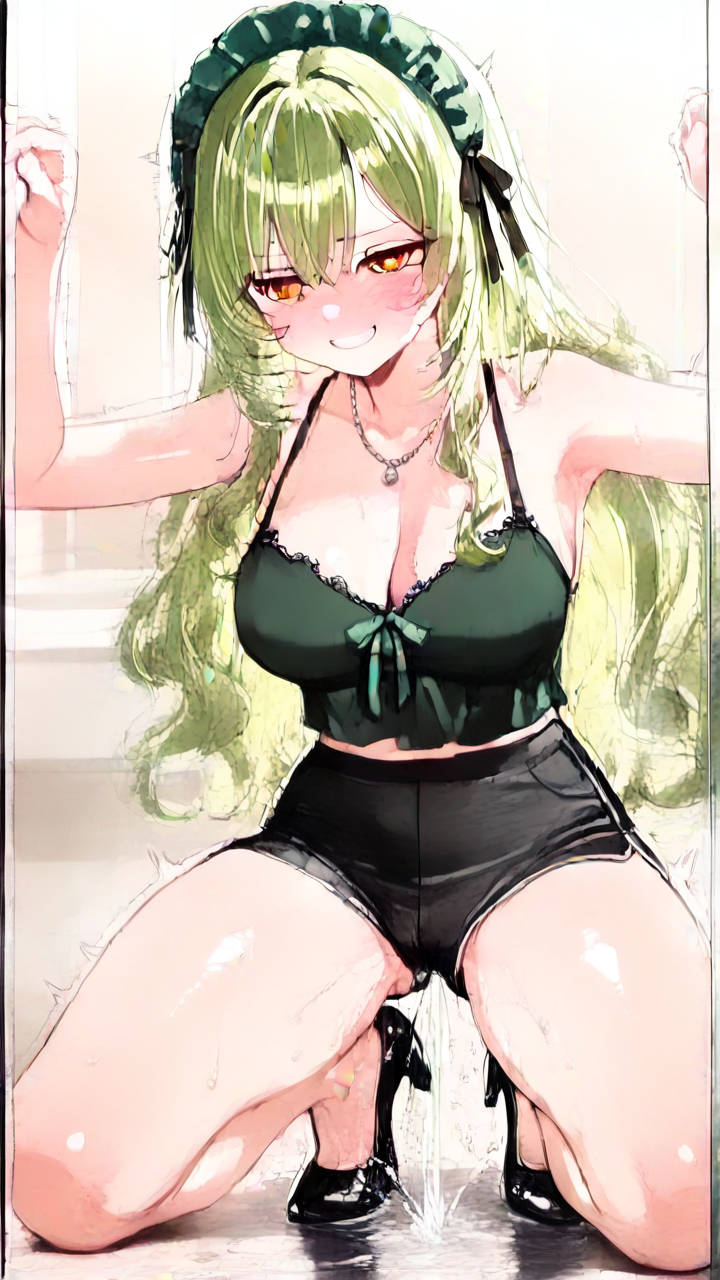 緑髪ウェーブロング巨乳 潮吹き_アニメエロ画像 AI エロ画像