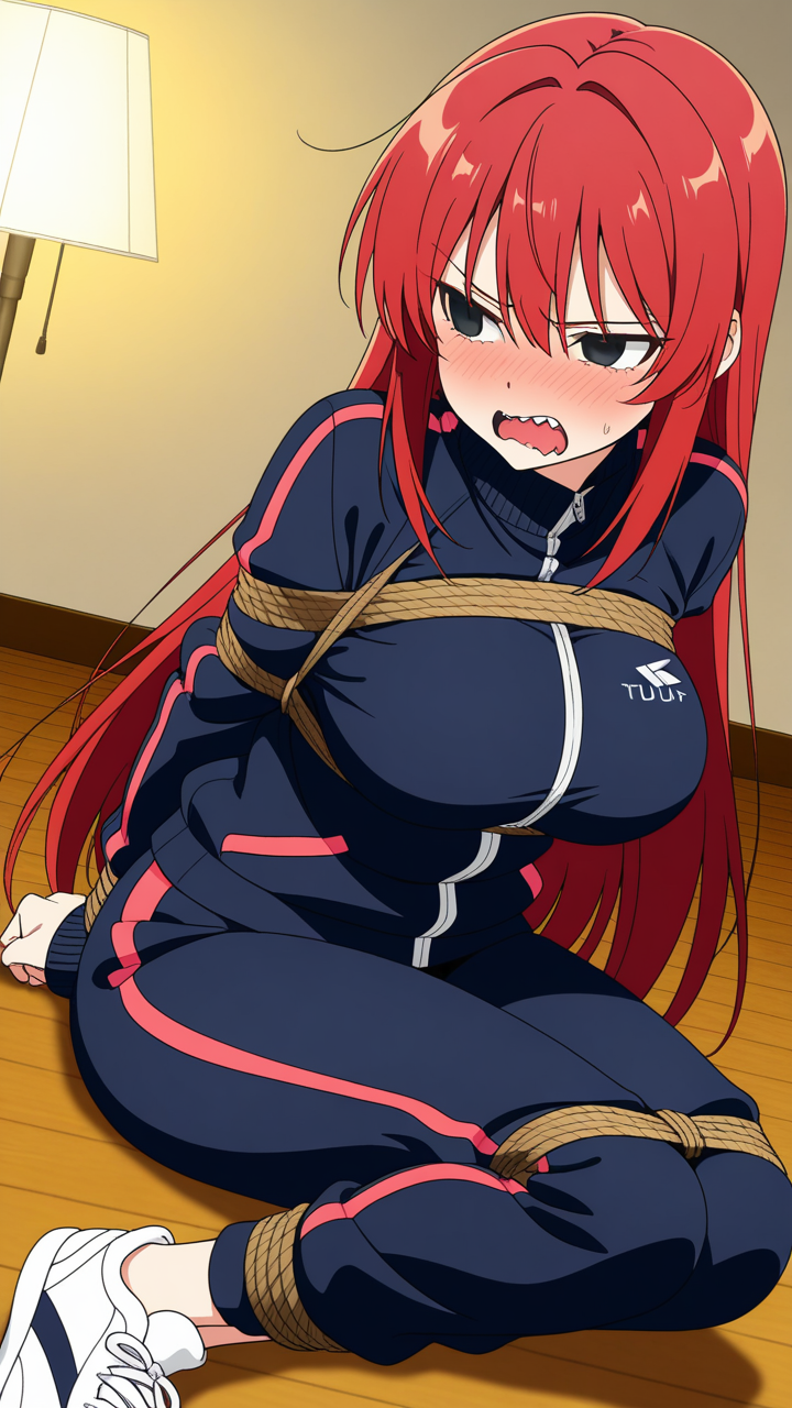 赤髪ロング巨乳スレンダー 手縛り・拘束_アニメエロ画像 AI エロ画像