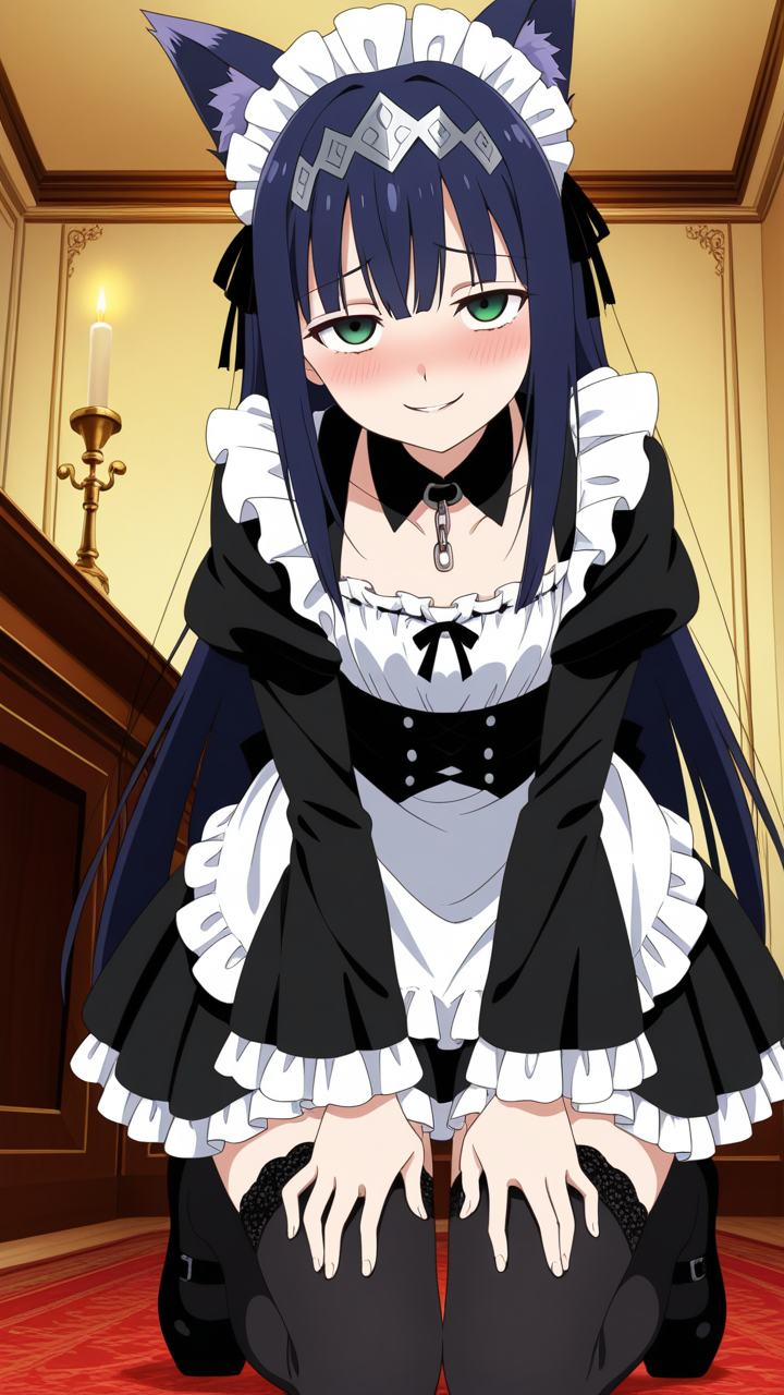 青髪ロング貧乳ゴシック メイド服_アニメエロ画像 AI エロ画像