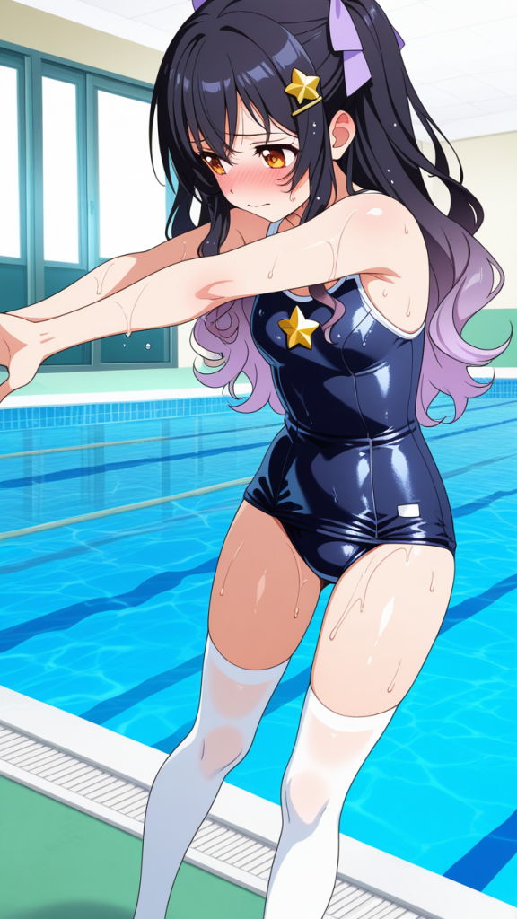 ピンク金髪セミロング巨乳 スクール水着_アニメエロ画像 AI エロ画像