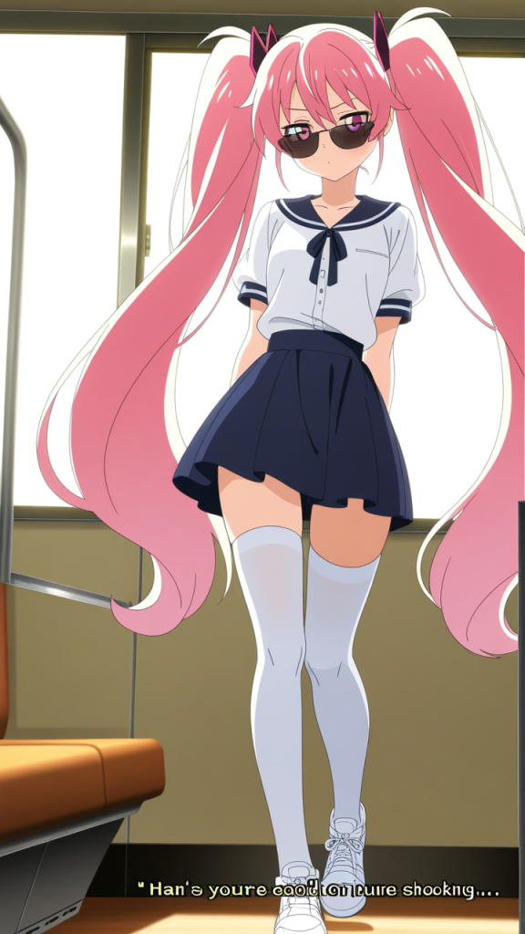 ピンク髪ツインテールスレンダー ニーソ・絶対領域_アニメエロ画像 AI エロ画像