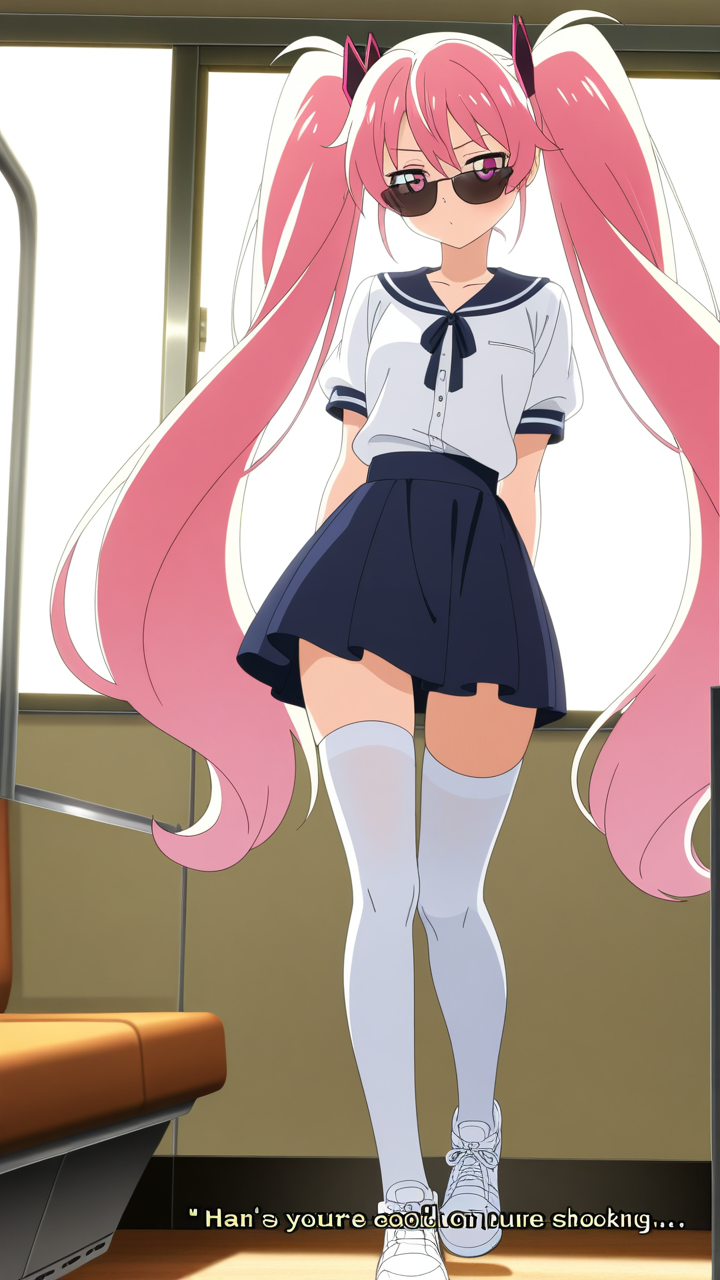 ピンク髪ツインテールスレンダー ニーソ・絶対領域_アニメエロ画像 AI エロ画像