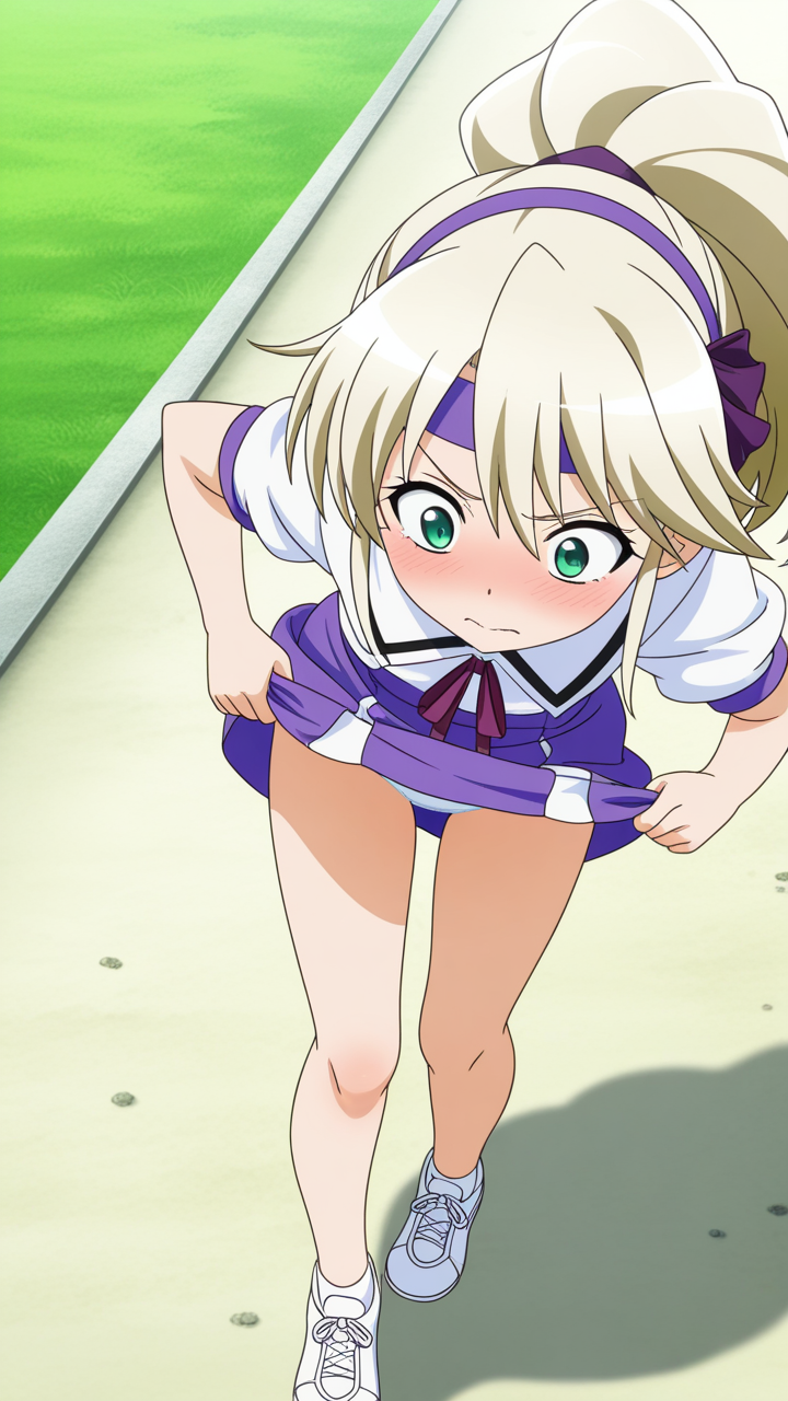 プラチナ髪ハイポニー貧乳小柄 野外露出_アニメエロ画像 AI エロ画像