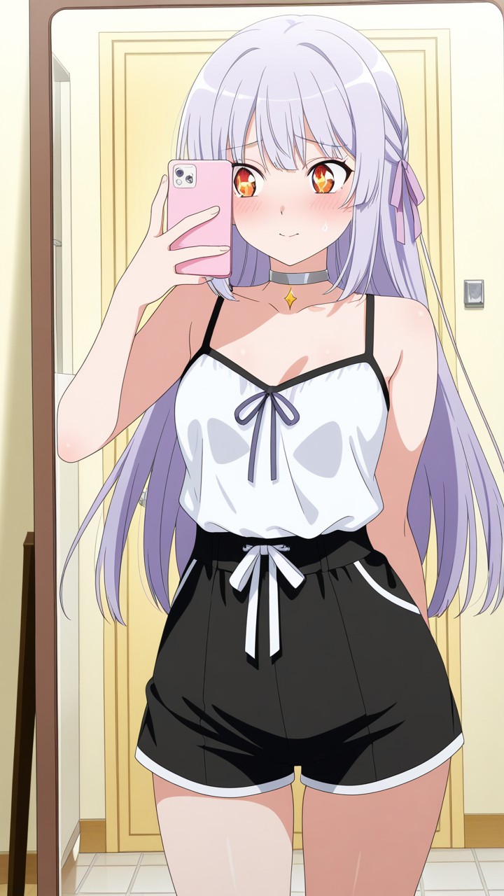 ピンク髪ロング巨乳スレンダー 鏡越し_アニメエロ画像 AI エロ画像