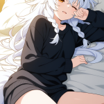 【エロ画像】白髪三つ編み細身長身×寝起き・パジャマ_AI_アニメエロ画像