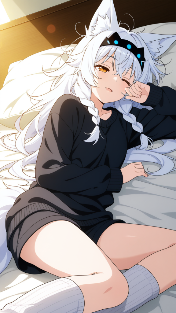 白髪三つ編み細身長身 寝起き・パジャマ_アニメエロ画像 AI エロ画像