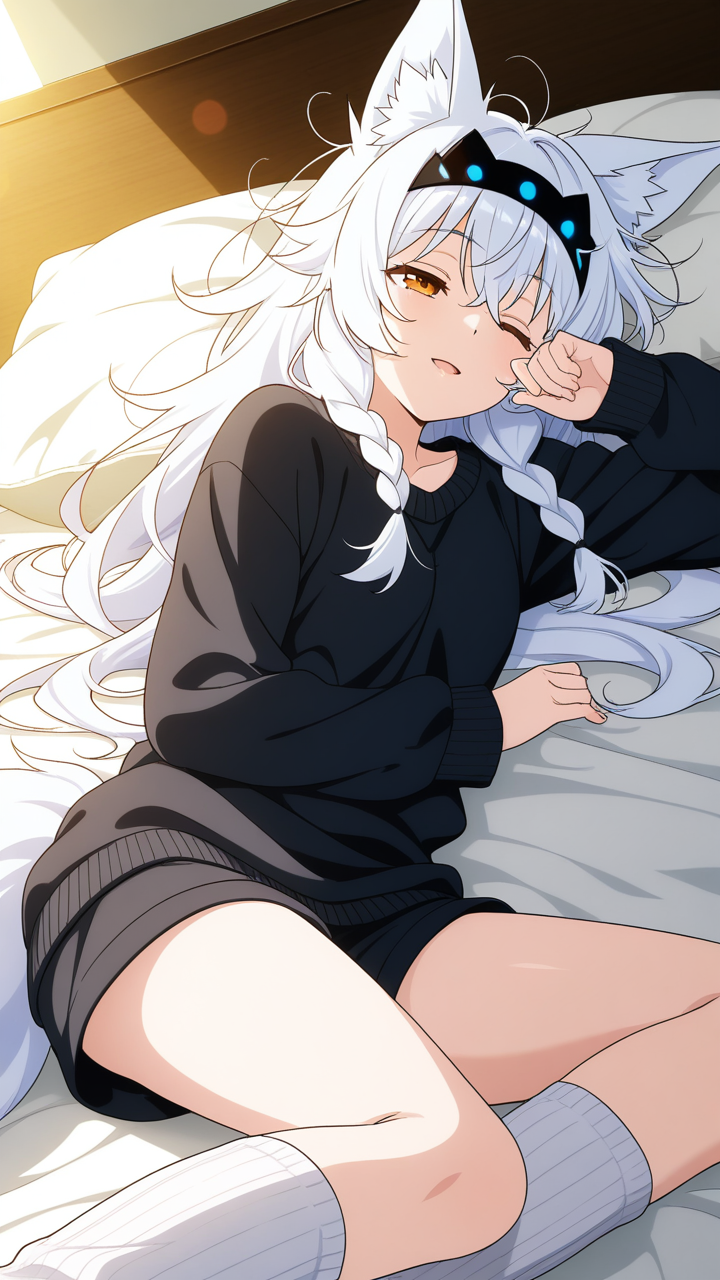 白髪三つ編み細身長身 寝起き・パジャマ_アニメエロ画像 AI エロ画像