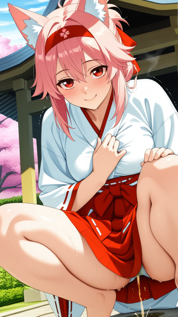 桜色ハーフアップ筋肉質巫女 おしっこ・放尿_アニメエロ画像 AI エロ画像