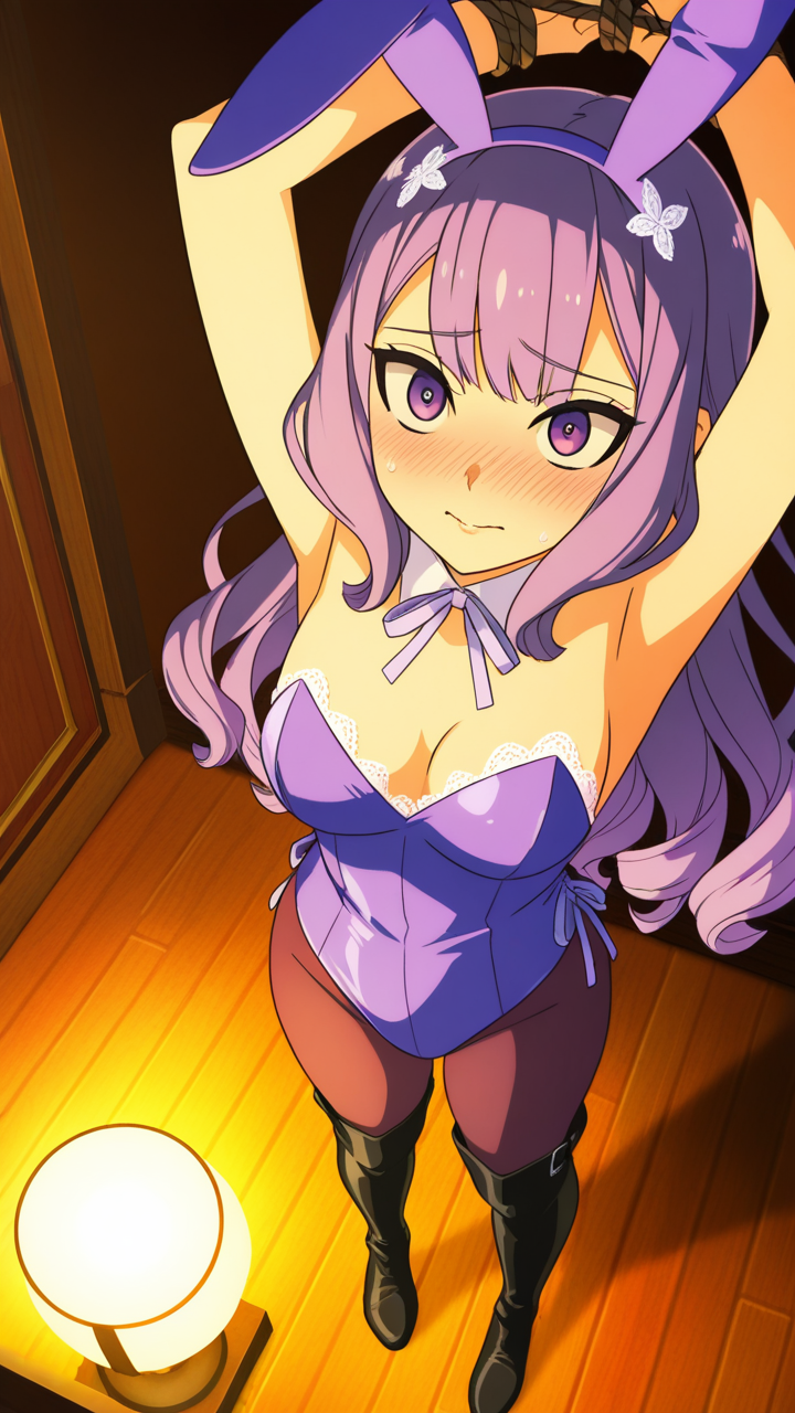 紫髪セミロング長身スレンダー 手縛り・拘束_アニメエロ画像 AI エロ画像