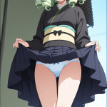 【エロ画像】緑髪セミロング高身長スレンダー×野外露出_AI_アニメエロ画像