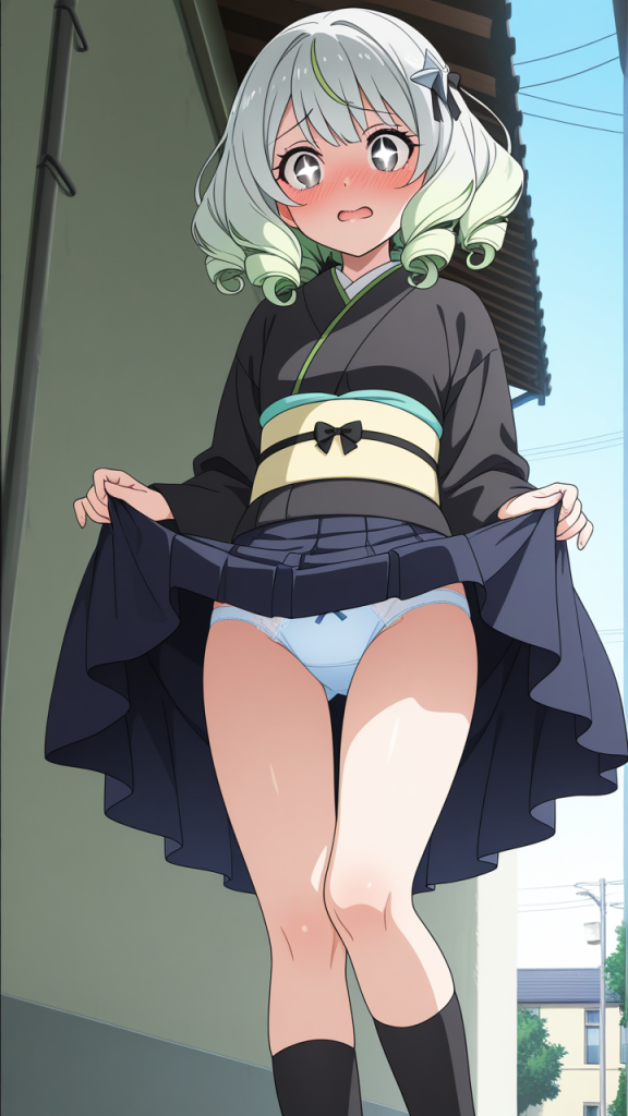 緑髪セミロング高身長スレンダー 野外露出_アニメエロ画像 AI エロ画像