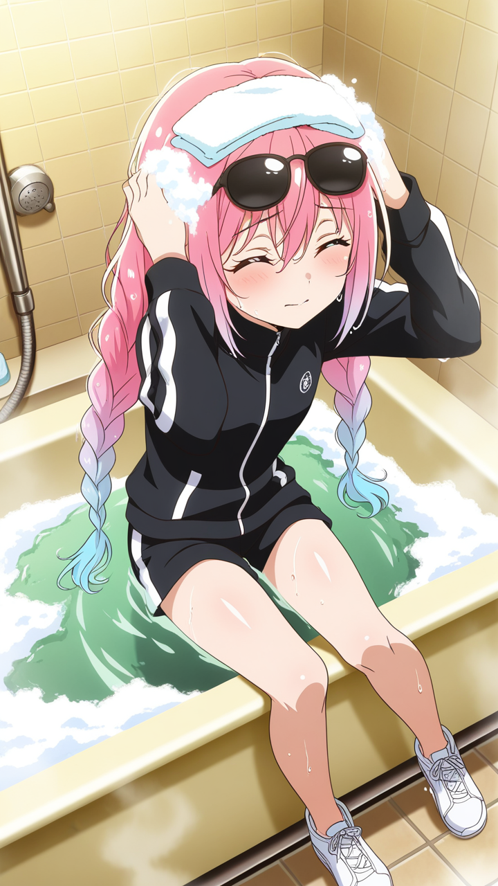 グラデーションツインおさげむっ お風呂・入浴_アニメエロ画像 AI エロ画像